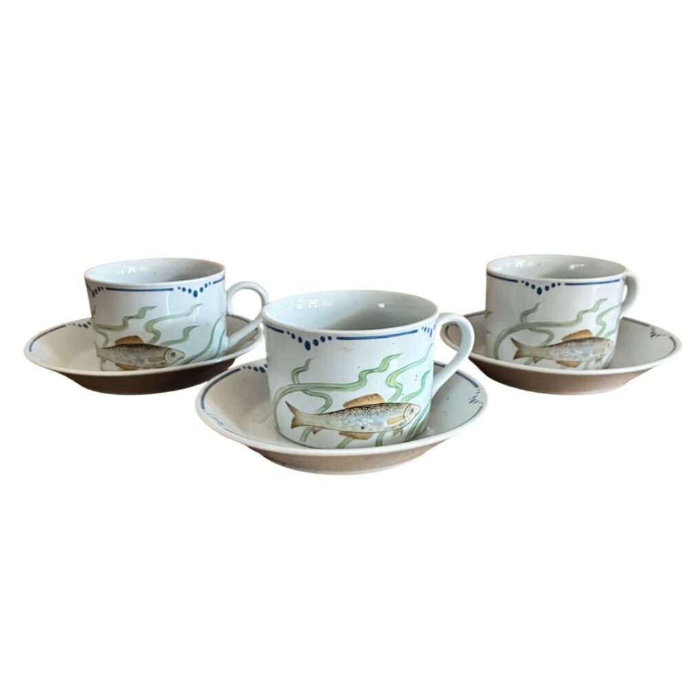 Vintage Fitz & Floyd Three Flat Cup &‎ Saucer Sets LA MER Fish Design VGUC 1979